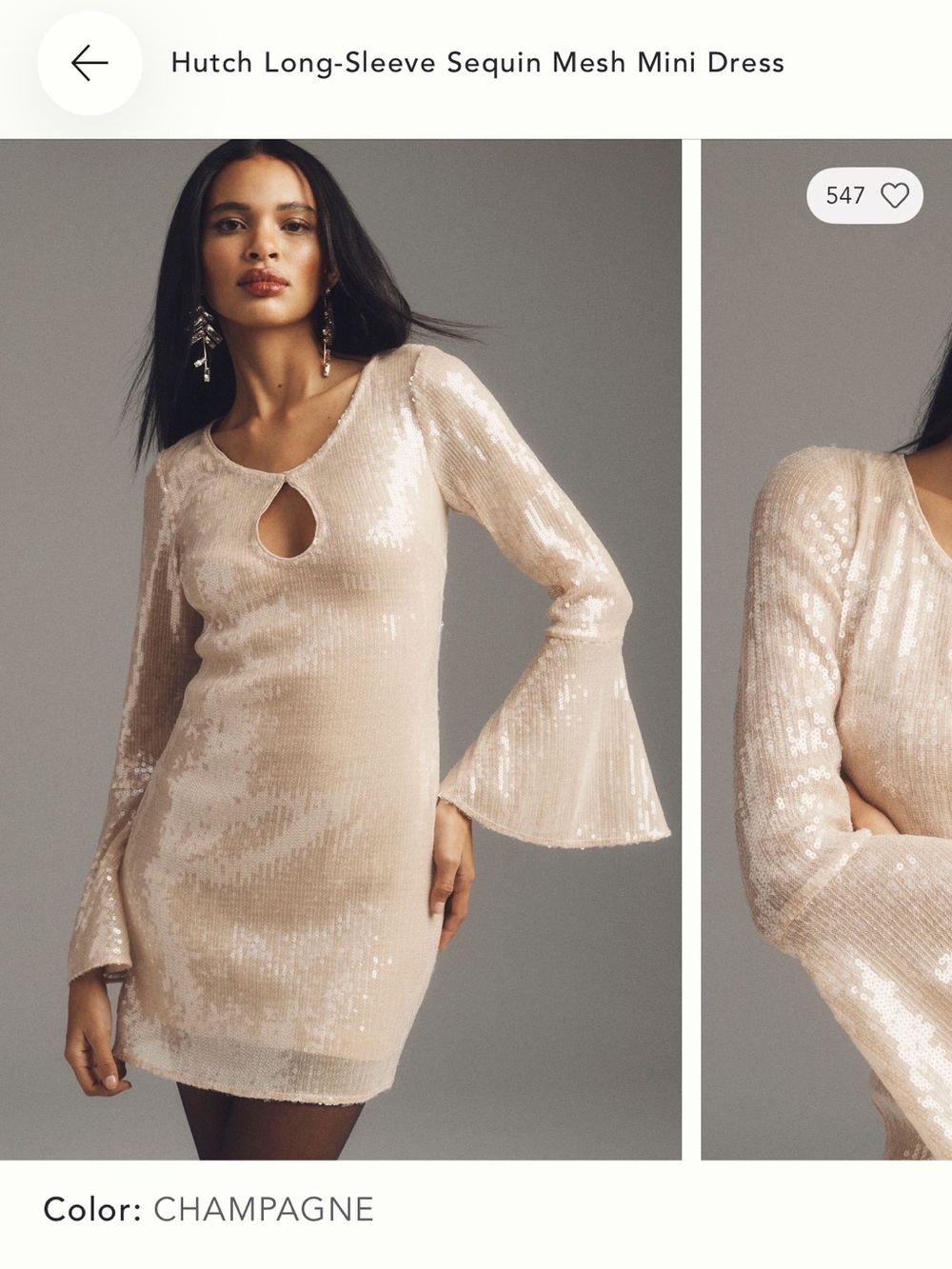 Hutch Sequin Champagne Mini Dress with Keyhole and Bell Sleeves